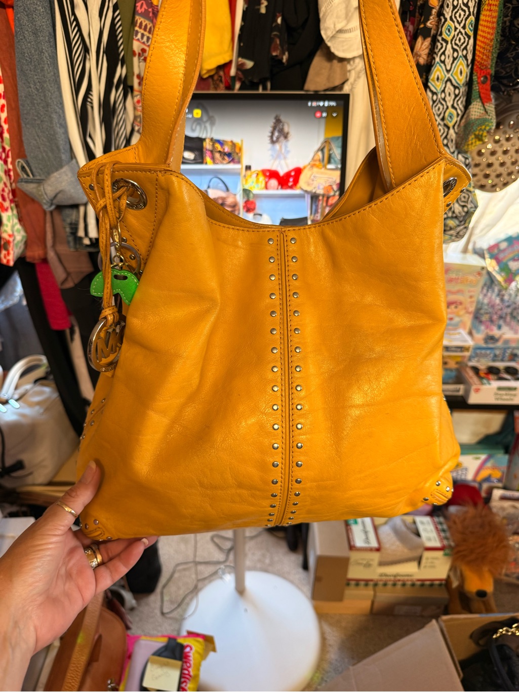 Mk Mustard Yellow Stud-Accent Leather Shoulder Bag